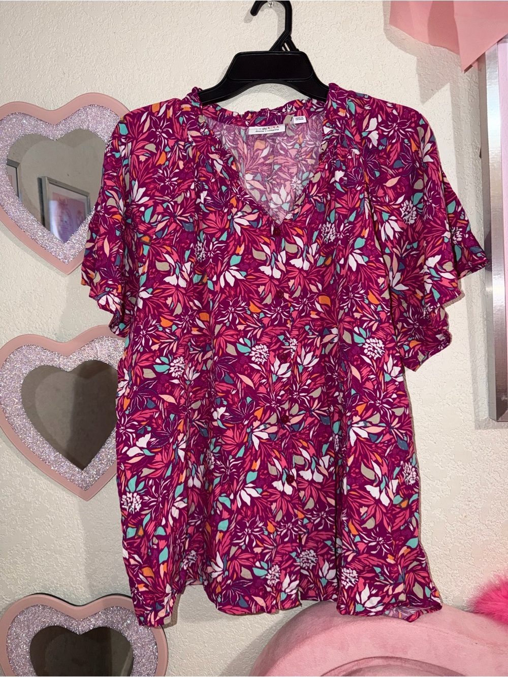V-Neck Floral Flutter Sleeve Blouse in pink.